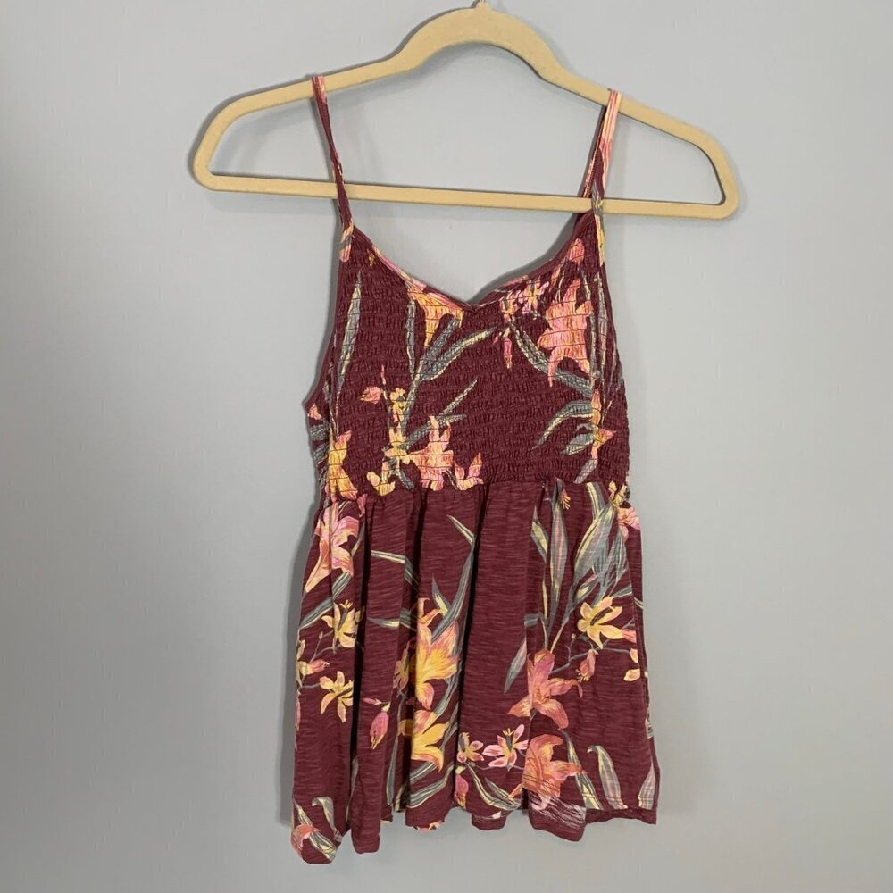Torrid Womens Size 1‎ Floral Smocked Babydoll Cami Top Maroon Tropical Lily Slub